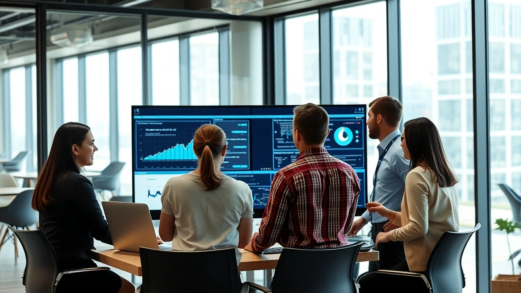 Professional business team in modern office collaborating on growth strategy, diverse professionals reviewing data on large monitor, contemporary workspace with glass walls and natural lighting