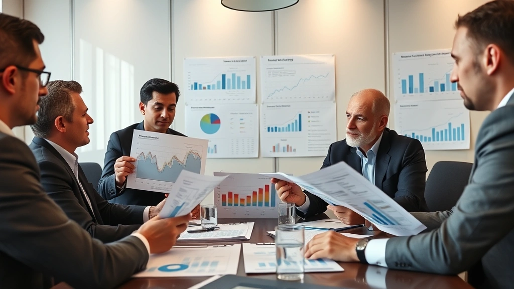 Diverse executives in boardroom reviewing financial charts and market analysis documents, mid-market company leadership team analyzing business metrics, professional setting with data visualizations