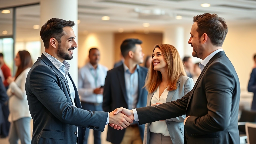Business professionals shaking hands during partnership meeting, mezzo market company leaders engaging with investors or partners, professional networking event with confident business people
