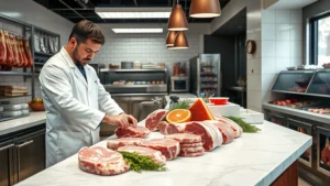 Professional butcher in white coat arranging fresh meat cuts on white marble counter, natural lighting from above, modern clean butcher shop interior with stainless steel equipment, realistic photography