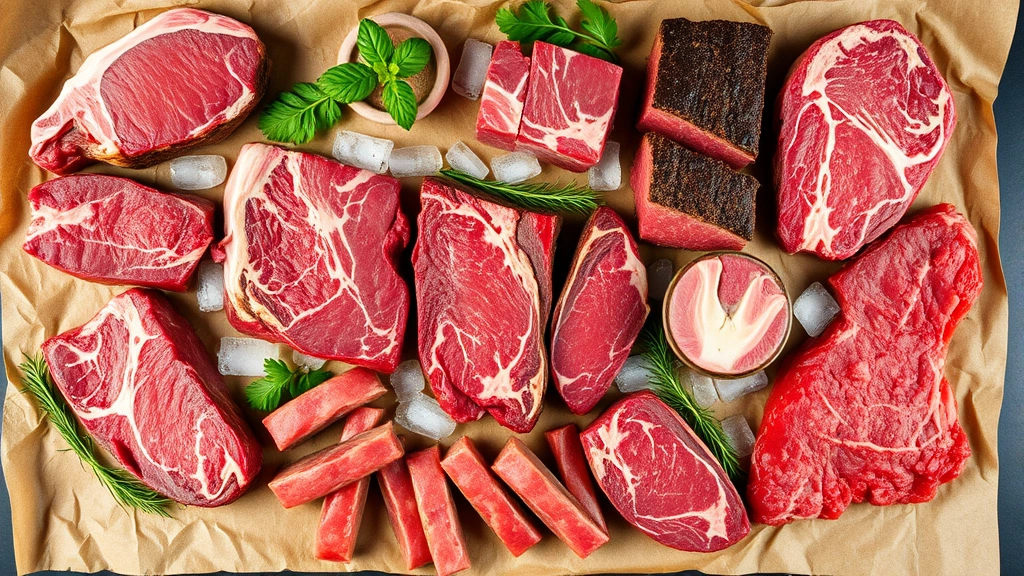 Overhead shot of various premium meat cuts including steaks, ground beef, and specialty cuts arranged on kraft paper with ice, professional food photography, natural lighting emphasizing freshness and quality