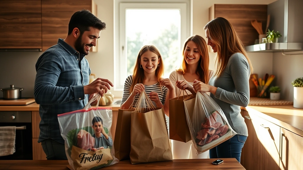 Family of four at home kitchen unpacking grocery delivery bags with fresh meat packages, warm natural light from window, modern kitchen setting, genuine candid moment showing satisfaction and convenience