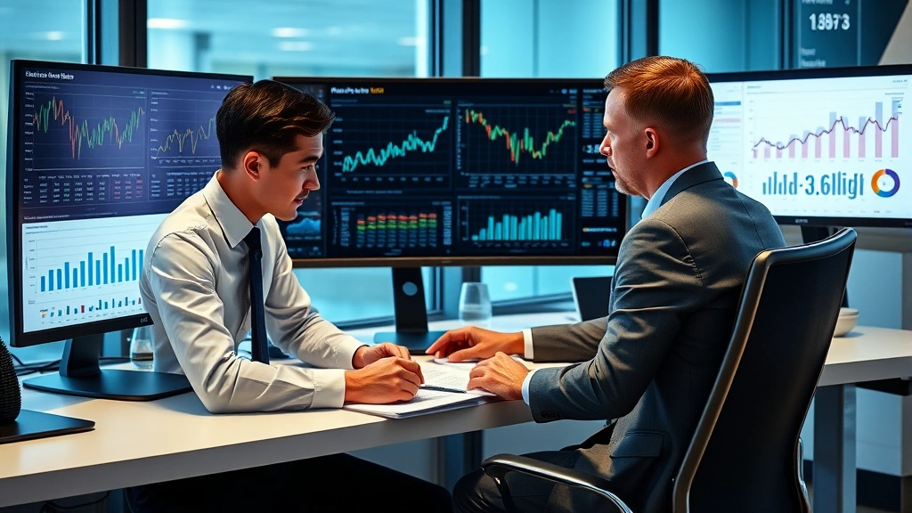 Professional banker analyzing financial documents and charts on a modern desk with multiple computer monitors displaying interest rate comparisons and account performance metrics