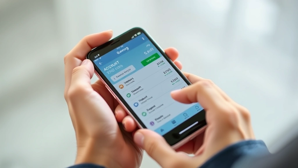 Close-up of hands holding a smartphone displaying banking app with account balance, interest earnings, and transaction history clearly visible on the screen