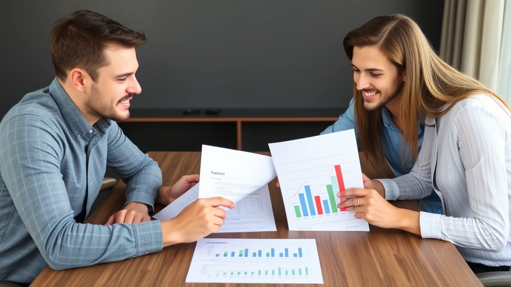 Financial advisor meeting with young couple reviewing savings strategy documents, with charts showing compound interest growth and investment timeline on the table between them