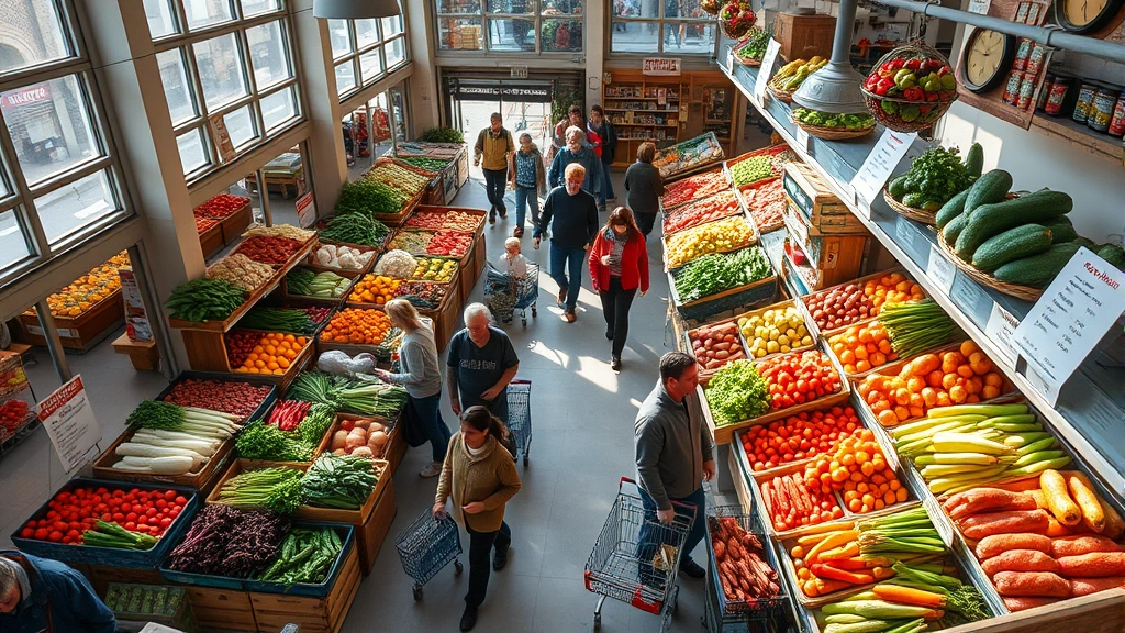 Overhead view of a bustling neighborhood market with shoppers browsing produce displays, natural lighting through large windows, customers with shopping carts selecting fresh vegetables and fruits