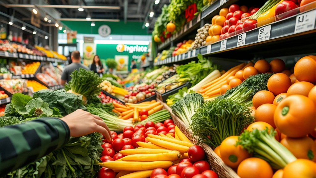 Close-up of fresh organic produce section with colorful vegetables and fruits neatly arranged on display shelves, customer hands selecting items, professional market lighting