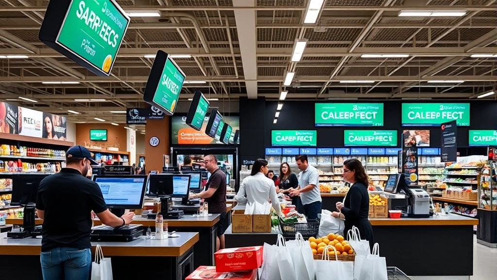 Interior view of modern market checkout area with multiple registers, digital promotional displays, staff assisting customers, clean organized counter space with shopping bags