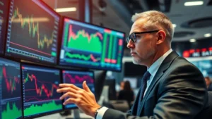 Professional investor analyzing stock charts on multiple monitors in modern trading floor, focused expression, real-time market data displayed, business attire, sophisticated technology setup