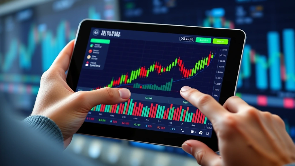 Cryptocurrency exchange interface displayed on tablet with upward trending candlestick charts, hands pointing at growth indicators, modern fintech dashboard, bright colors showing gains