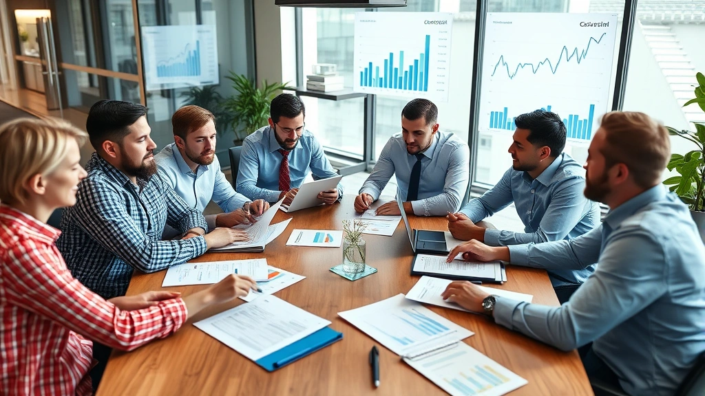 Diverse group of retail investors meeting around conference table reviewing investment portfolios and financial reports, collaborative atmosphere, modern office setting, charts and graphs visible