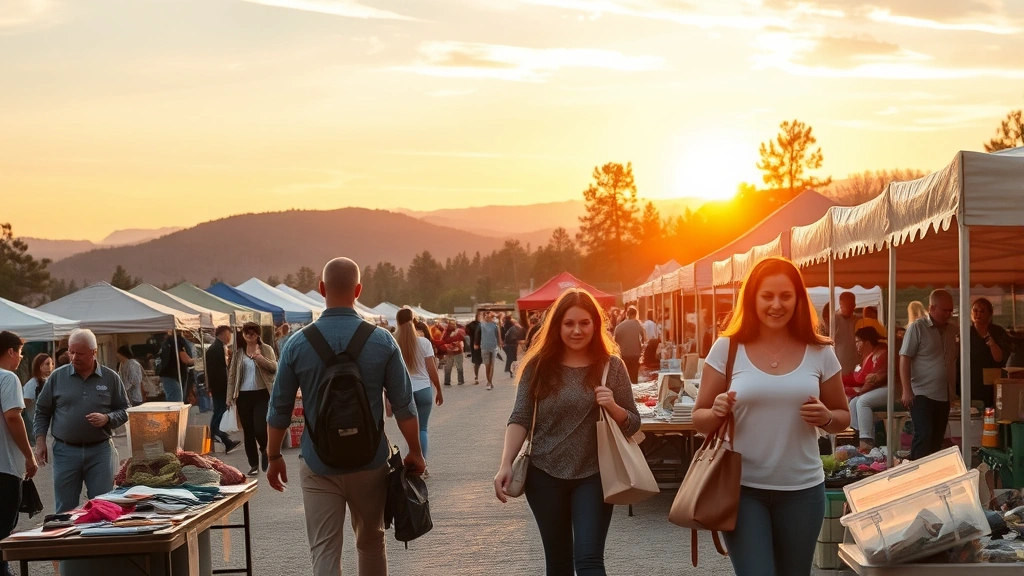 Golden hour sunset at mountain top flea market with shoppers carrying purchases, vendors organizing remaining inventory, scenic mountain backdrop with trees, warm lighting, successful shopping day conclusion with satisfied customers