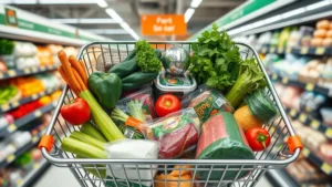 Overhead view of grocery shopping cart filled with fresh vegetables, packaged goods, and proteins in a modern supermarket aisle with fluorescent lighting and price tags visible on shelves