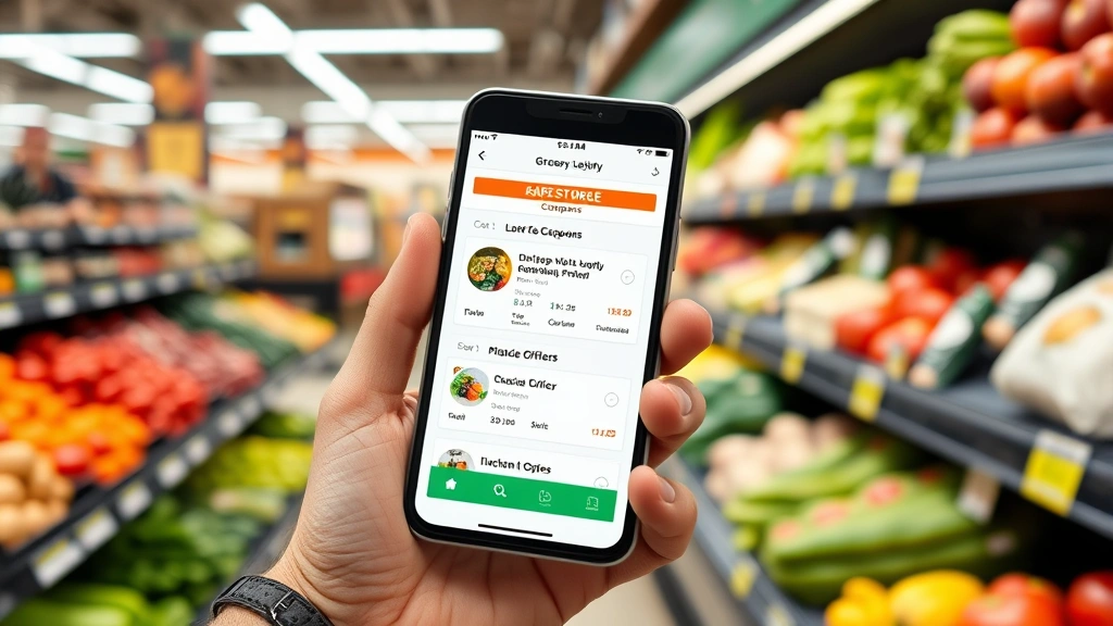 Close-up of digital mobile phone displaying grocery store loyalty app with digital coupons and personalized offers, customer holding phone in supermarket produce section