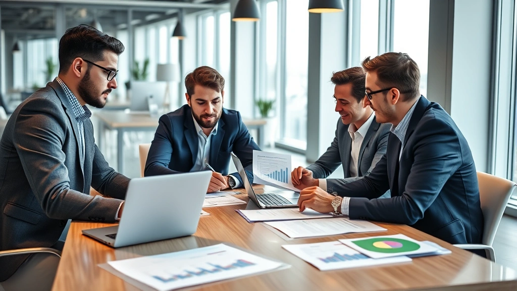 Professional business meeting in modern office space with diverse entrepreneurs reviewing market data and growth charts on laptop and documents