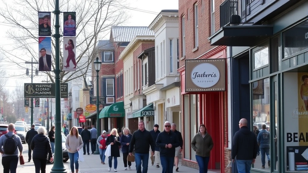 Busy commercial street with small local businesses, pedestrians shopping, storefront windows, and community activity during daytime