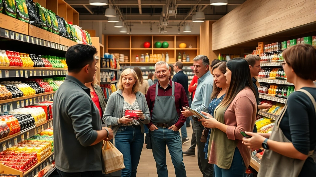Diverse group of customers and store staff interacting in a grocery store aisle, discussing products and recommendations, warm community atmosphere, modern yet warm retail environment with natural wood fixtures, people of various ages engaged in shopping