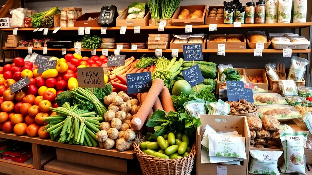 Local farmer's market style display of fresh organic produce with handwritten signs indicating farm origins and seasonal items, artisanal bread and prepared foods on shelves, sustainable packaging materials visible, rustic yet modern retail presentation