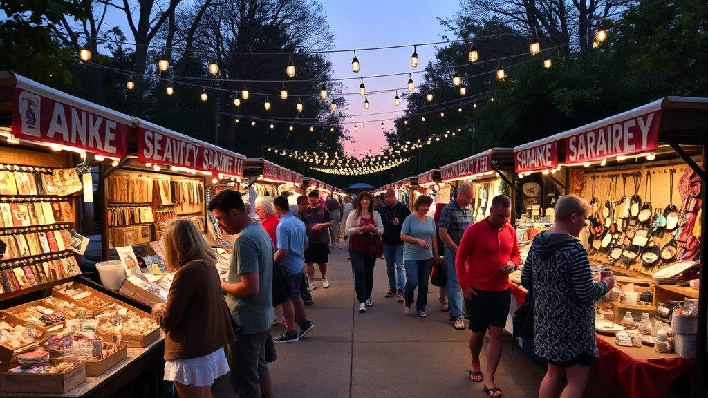 Diverse vendor stalls at evening market with customers browsing handmade crafts and artisan goods, warm ambient lighting creating festival atmosphere