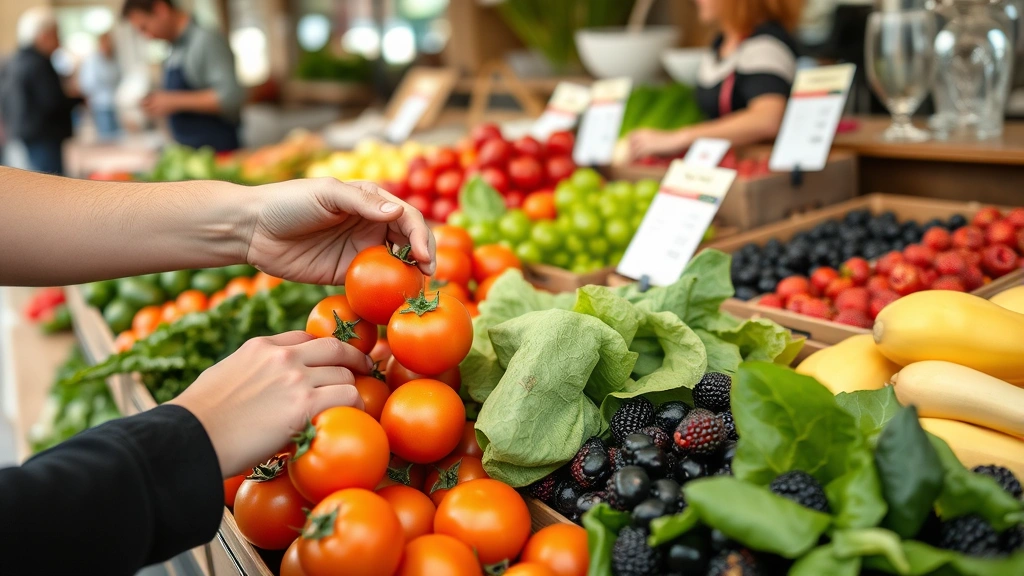 Close-up of hands selecting fresh tomatoes, leafy greens, and berries from market displays, customer examining produce quality, vendor in background arranging items, farmers market stall with price cards and product arrangement, natural lighting highlighting product freshness and colors