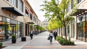 Professional business district in upscale suburban area with modern retail storefronts, well-maintained landscaping, and affluent shoppers walking between stores during daytime, natural lighting, contemporary architectural design