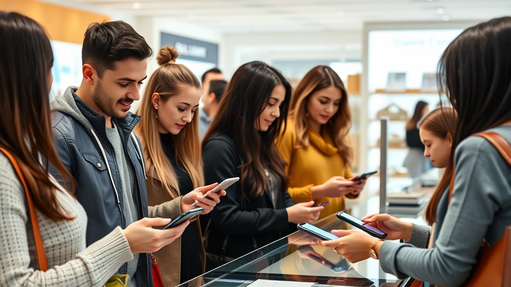 Diverse group of customers using mobile devices and digital payment methods at checkout counter in modern retail environment, representing omnichannel shopping experience, bright contemporary store interior with clean aesthetic