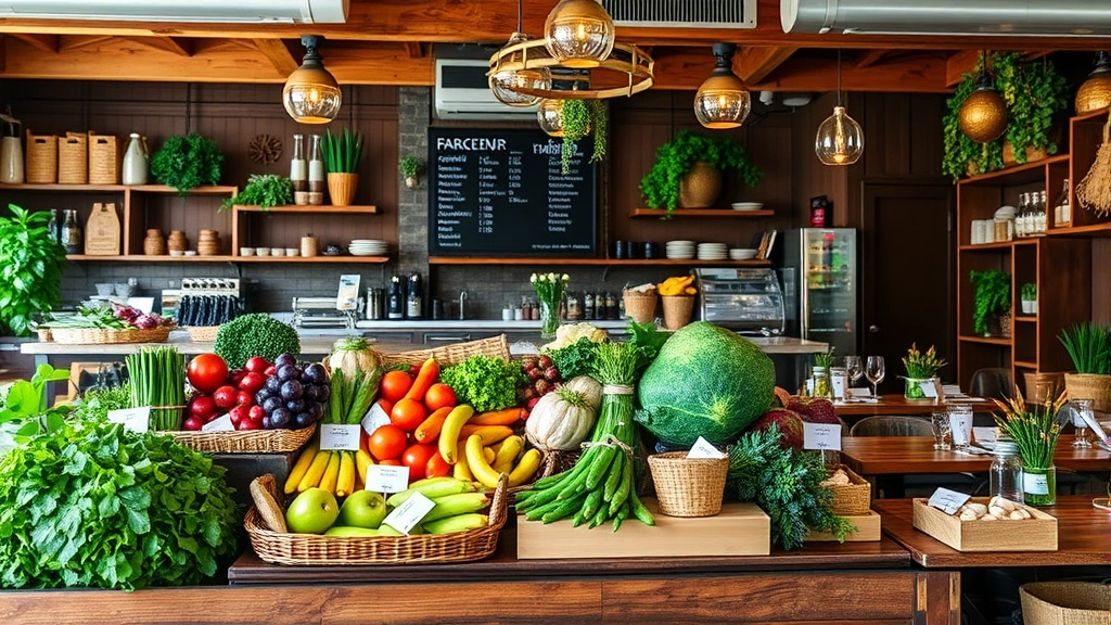Farm-to-table restaurant setting with fresh local produce display, sustainable packaging, and conscious consumers dining, representing food and beverage growth sector in affluent community, warm inviting atmosphere with quality presentation