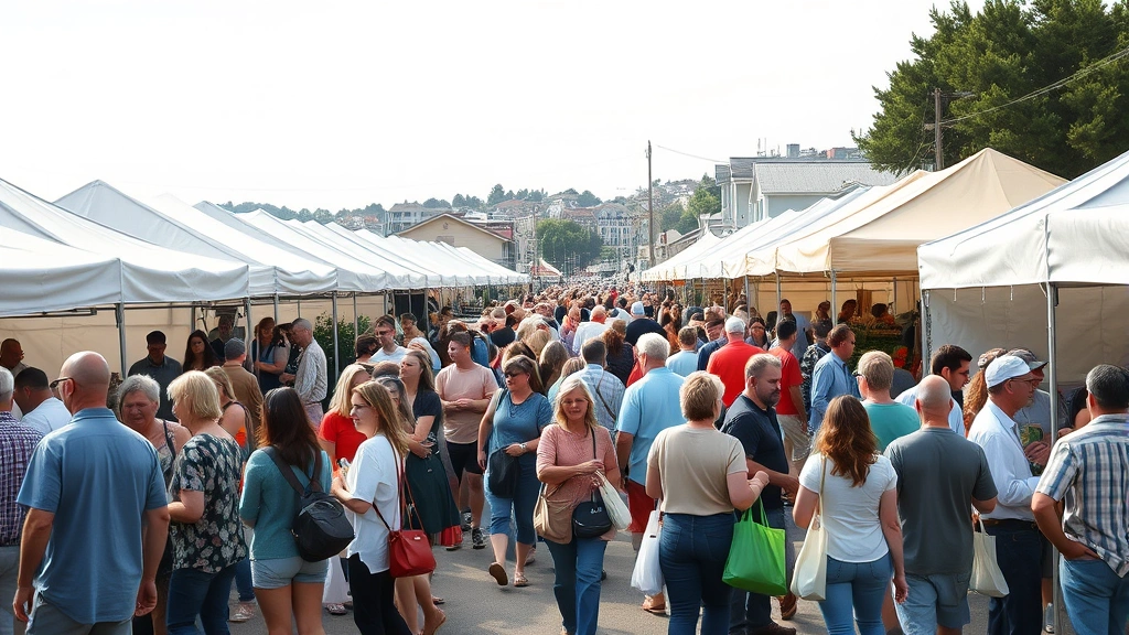 Wide shot of crowded farmers market gathering with multiple vendor tents, diverse shoppers with reusable bags, community members socializing, coastal town setting, morning energy and activity
