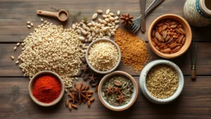 Professional overhead shot of traditional Turkish okka grains and Mediterranean spices arranged on wooden surface with artisanal ceramic bowls, natural lighting highlighting product textures and premium positioning