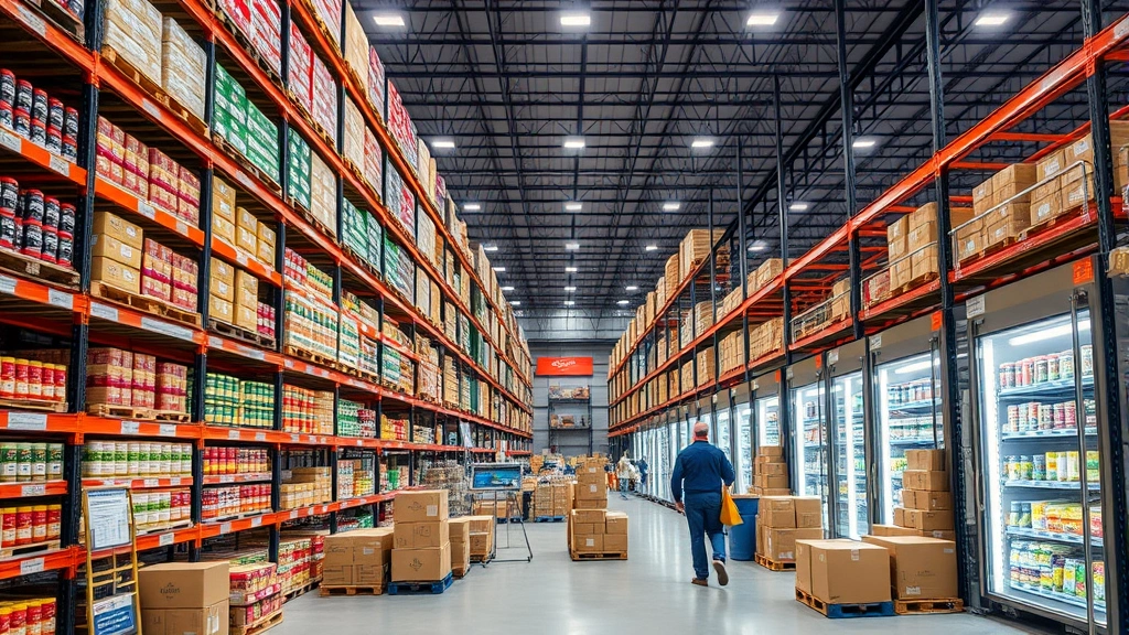 Modern e-commerce warehouse fulfillment center with workers managing specialty food inventory, temperature-controlled shelving, organized packaging stations, representing supply chain sophistication and logistics operations