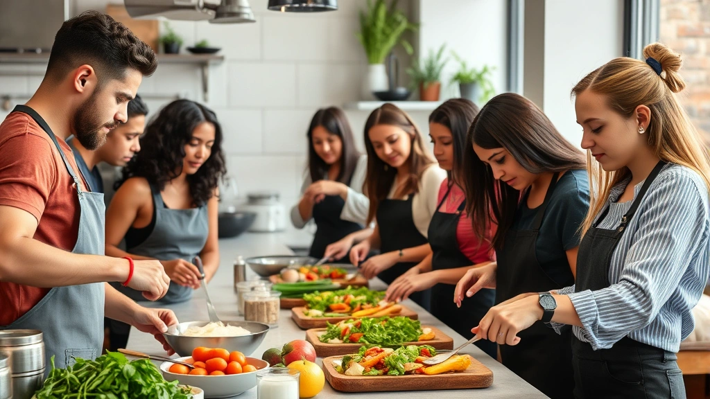 Diverse group of young professionals in urban kitchen preparing Mediterranean meal using specialty okka ingredients, authentic cooking environment with fresh produce, representing target demographic and culinary applications