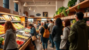 Diverse customers shopping in a bright, well-organized independent grocery store with fresh local produce displays, wooden shelving, and warm lighting, representing community retail