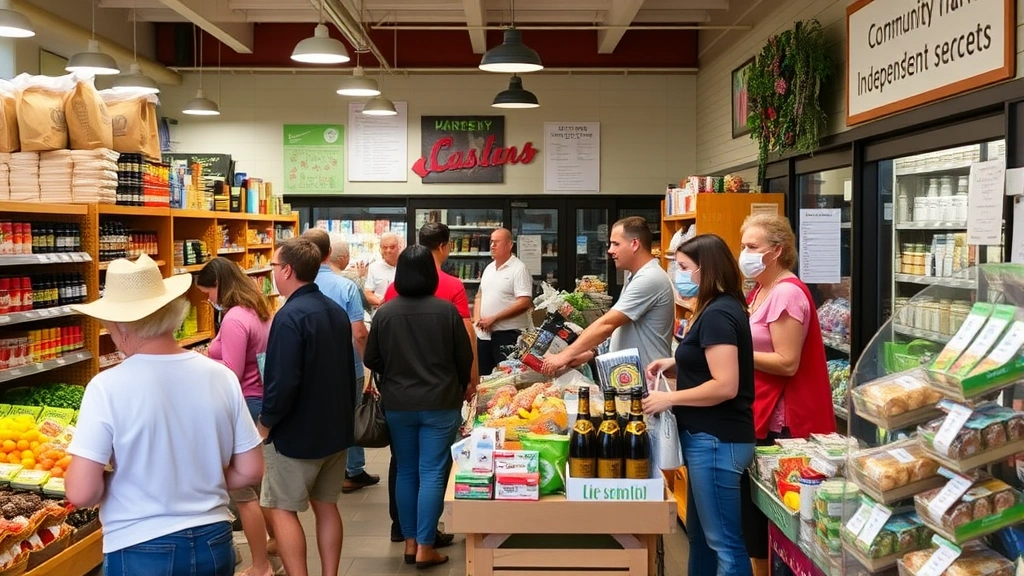Busy independent market interior with customers browsing shelves, staff assisting shoppers, and community bulletin board visible, capturing the personal service and local atmosphere