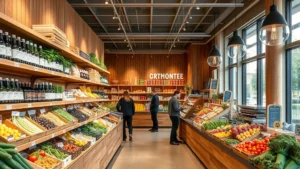 Professional photograph of a modern independent grocery store interior with wooden shelving displaying fresh local produce, organic products neatly arranged, warm lighting, customers browsing, clean professional retail environment, no signage or text visible