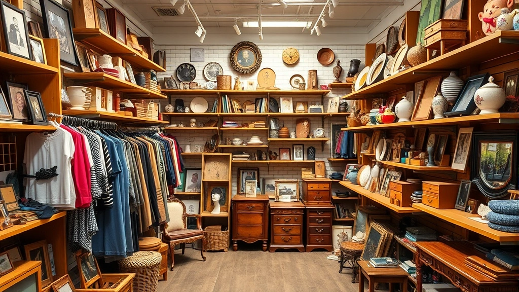 Diverse vintage inventory displayed on wooden shelves including clothing, collectibles, furniture, and accessories neatly organized by category, warm professional lighting, clean organized retail environment