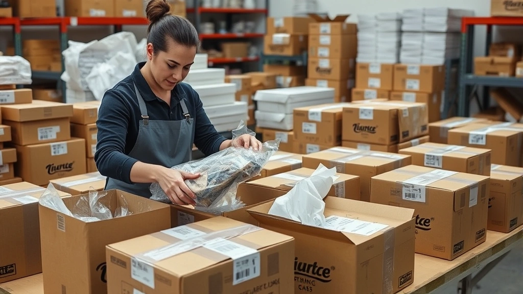 Seller packaging items carefully with bubble wrap and tissue paper, branded boxes ready for shipment, shipping supplies organized, professional fulfillment workspace with multiple packages prepared for delivery