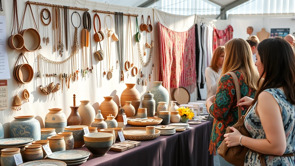 Close-up of artisan vendor booth featuring handcrafted pottery, jewelry, and textiles with professional display setup, natural lighting highlighting product quality and vendor engagement with customers