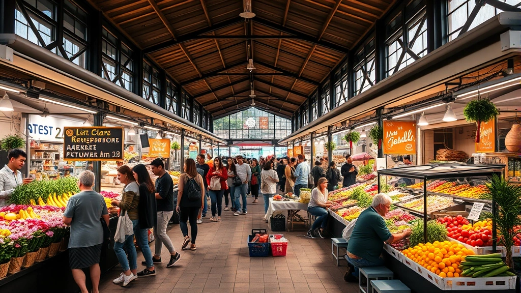Wide-angle shot of bustling open air market during peak hours showing diverse customer demographics, multiple vendor stations, fresh flowers and produce, outdoor seating areas with shoppers enjoying purchases