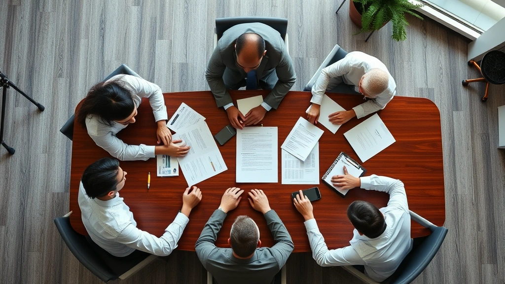Overhead view of diverse group of business professionals collaborating on government contract proposal, reviewing documents and discussing strategy around polished conference table