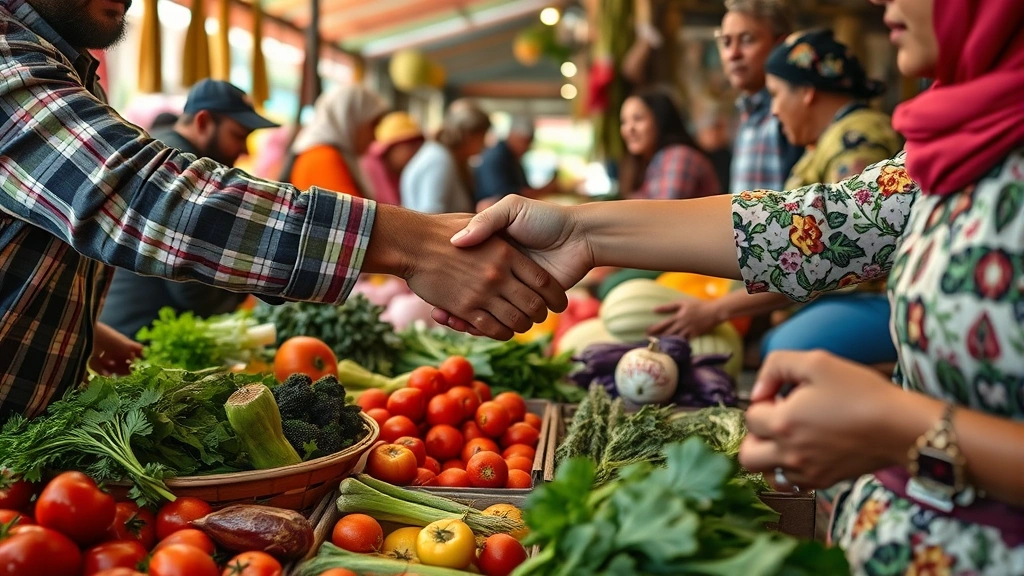 Close-up of hands exchanging fresh vegetables at market stall, diverse vendors and customers interacting, natural lighting emphasizing product quality and freshness