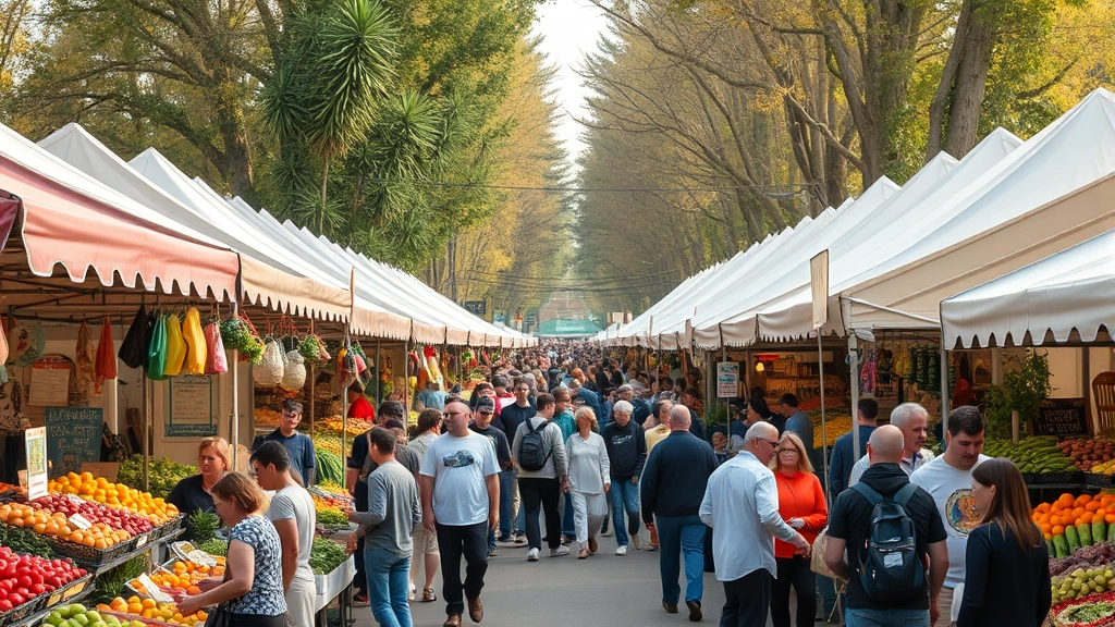 Wide shot of busy farmers market with multiple vendor tents, diverse crowd shopping, seasonal produce displays, community gathering energy without readable text or signs