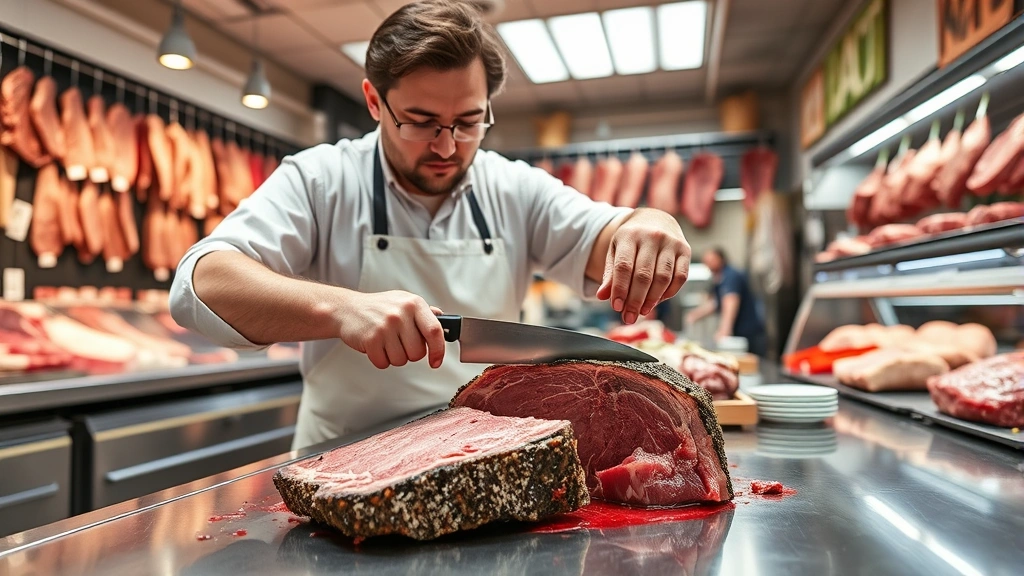 Professional butcher in white apron carefully trimming premium beef brisket with sharp knife on stainless steel counter, meat department interior with organized displays, natural overhead lighting emphasizing meat texture and color quality