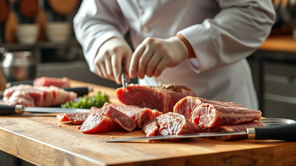 Professional butcher preparing premium meat cuts on clean wooden surface with sharp tools, natural lighting highlighting meat quality and craftsmanship
