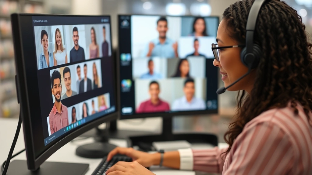 Customer service representative assisting a diverse customer through multiple digital channels simultaneously, showing seamless omnichannel retail experience
