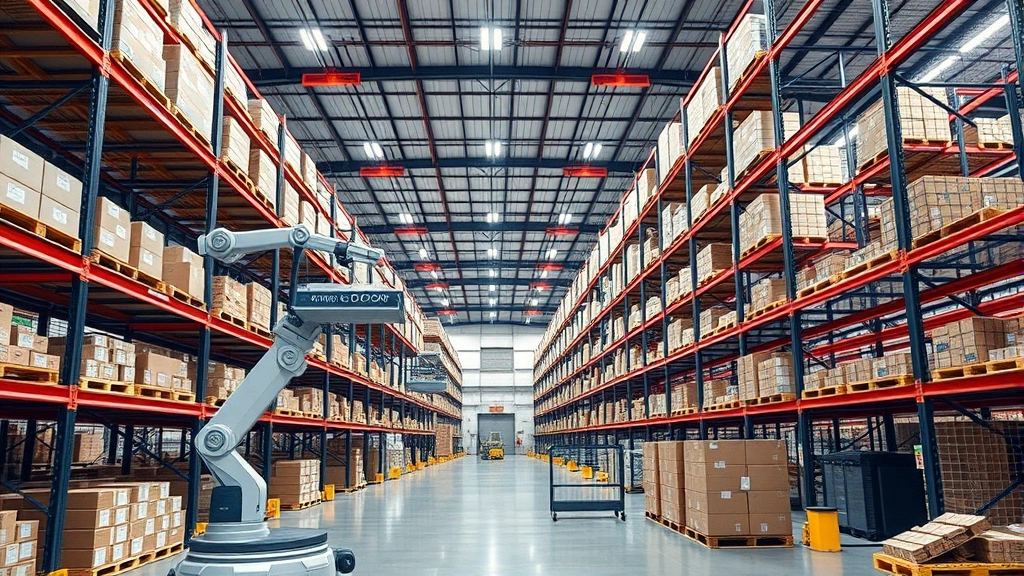 Modern warehouse fulfillment center with advanced robotics, organized inventory systems, and efficient logistics operations for e-commerce retail