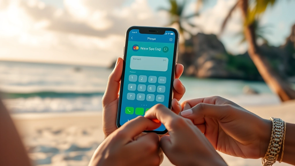 Mobile commerce transaction on tropical beach with digital payment interface, diverse hands using smartphone, vibrant island background, natural lighting, modern retail technology