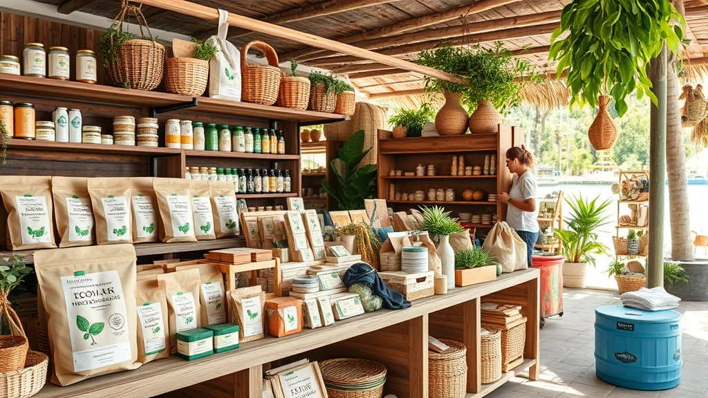 Sustainable packaging and eco-friendly retail display in island market setting, locally-sourced artisanal products on wooden shelves, natural materials, authentic cultural elements, bright natural sunlight