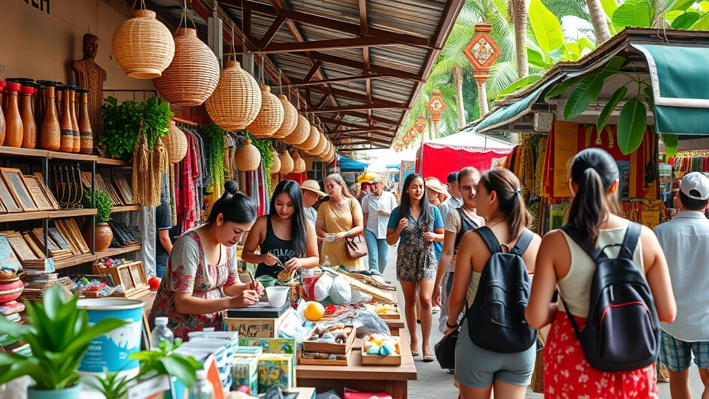 Tourism-integrated retail experience with cultural demonstrations, local artisans crafting products, tourist visitors shopping, vibrant tropical market atmosphere, authentic cultural setting, natural daylight