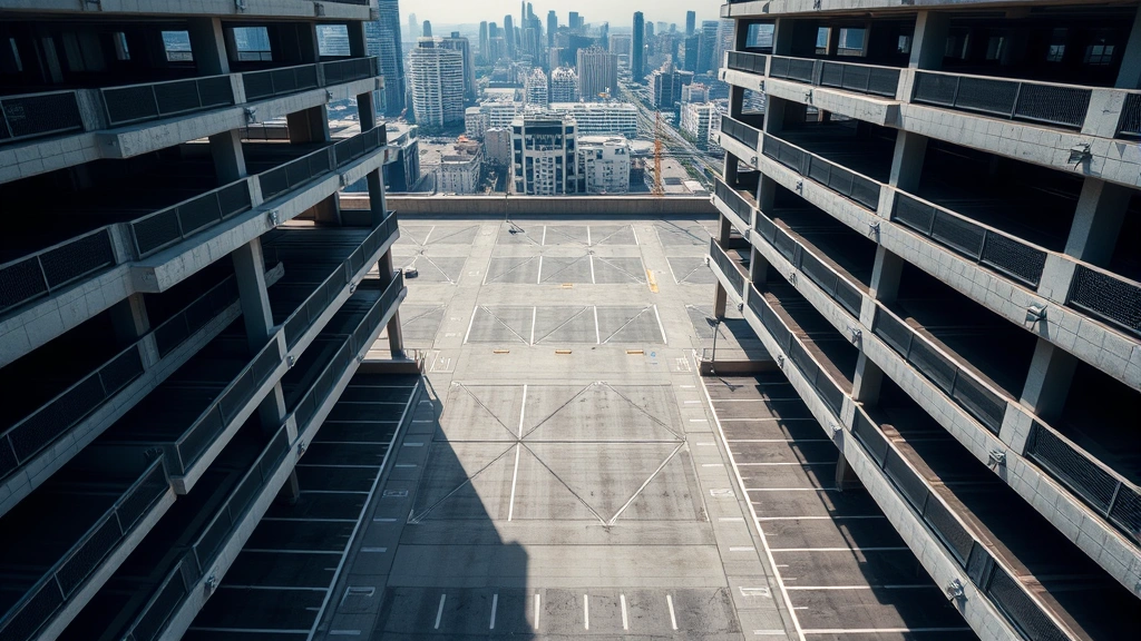 Aerial view of a modern urban parking structure with geometric concrete patterns, organized parking spaces with clear lane markings, city skyline in background, professional real estate photography style, natural daylight