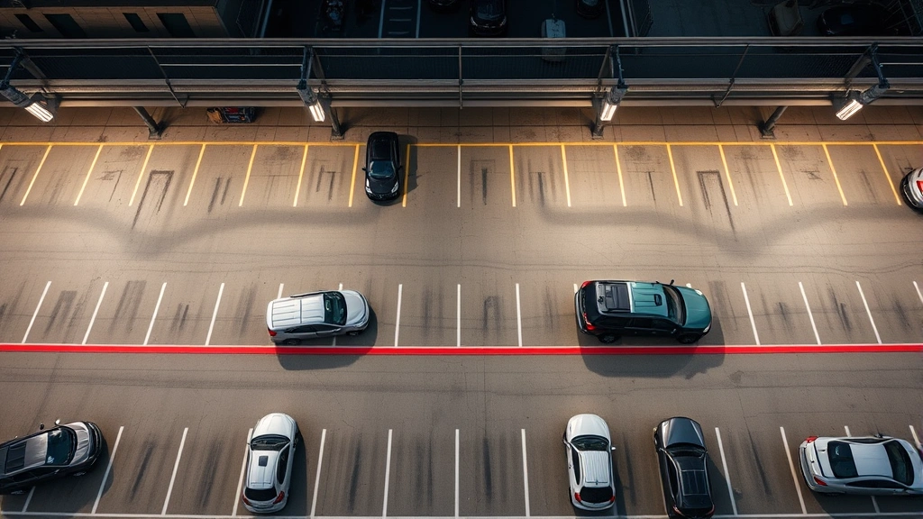 High-angle view of a parking lot with organized spaces, painted markings, and modern lighting infrastructure, mixed vehicles parked, showing efficient space utilization and management, daytime urban setting